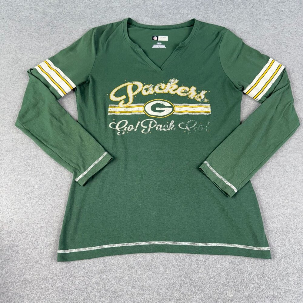 NFL Team Apparel Women’s L Green “Packers – Go! Pack Go!” Long Sleeve V‑Neck Tee
